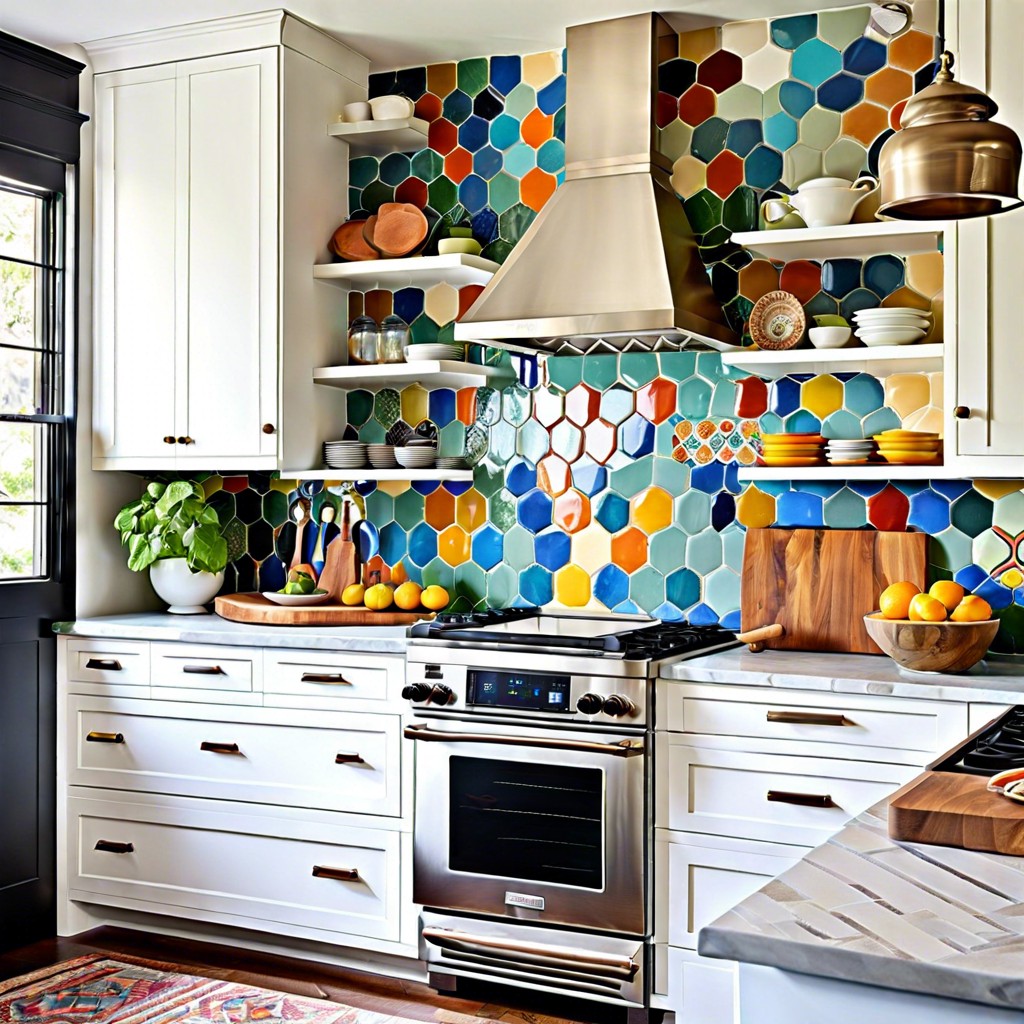 eclectic artistry white cabinets with colorful tile backsplash and a mixed wood butcher block