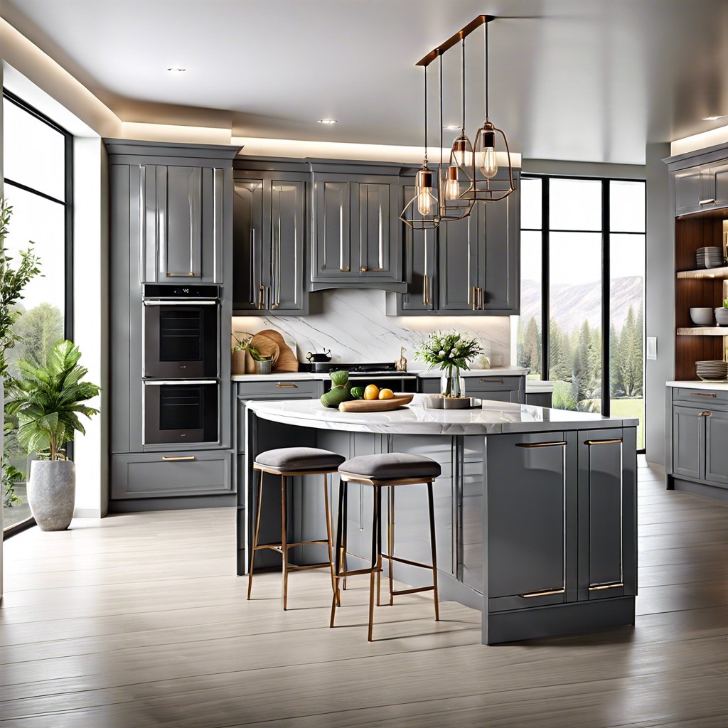 elegant kitchen with glossy gray cabinets glass tile backsplash and pendant lighting