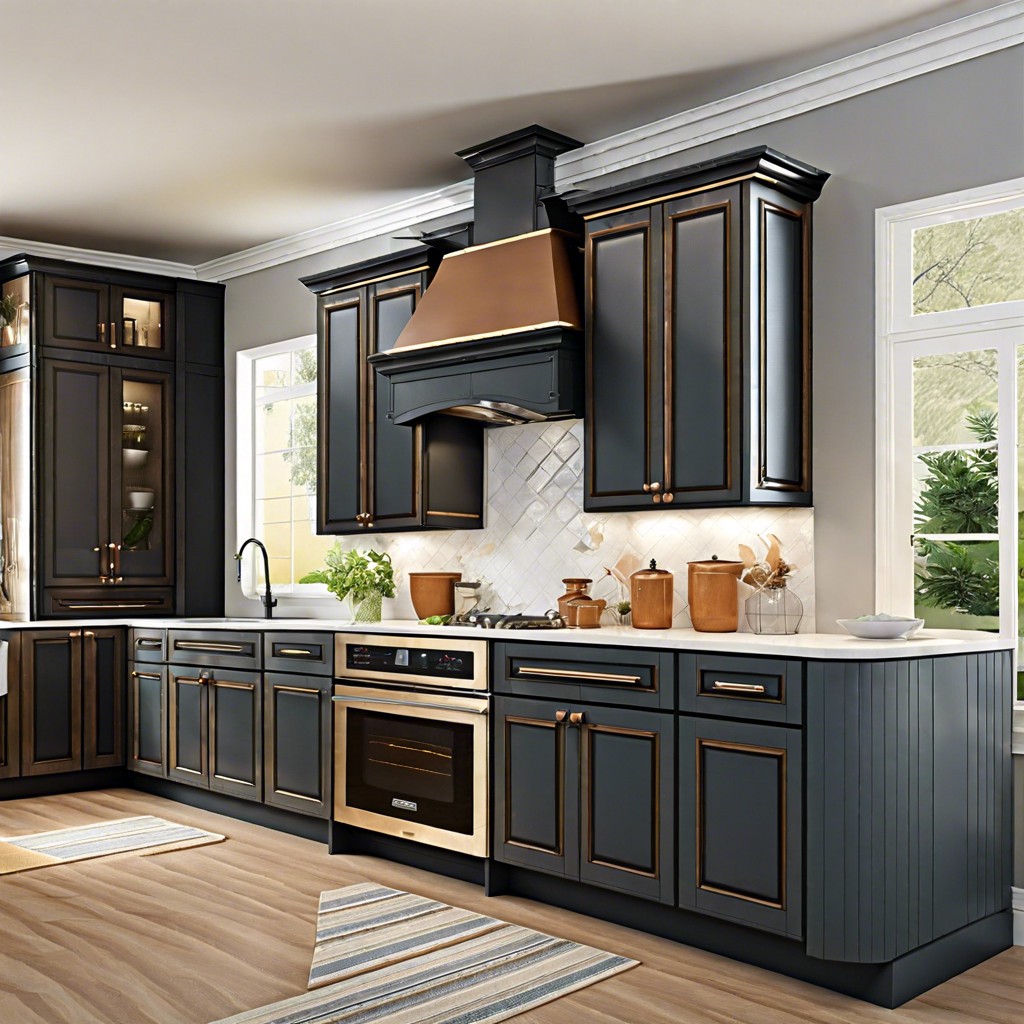 employ a dual tone finish to highlight the cabinet top