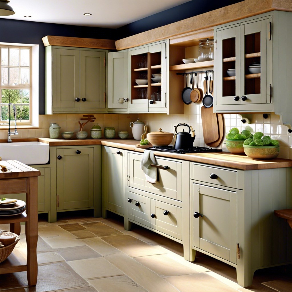 english cottage painted wood cabinets with ceramic handles