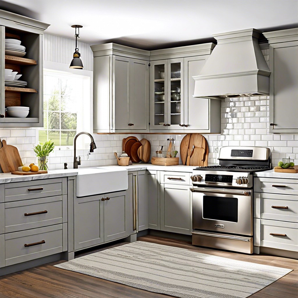 farmhouse kitchen with light gray cabinets and a classic white subway tile backsplash
