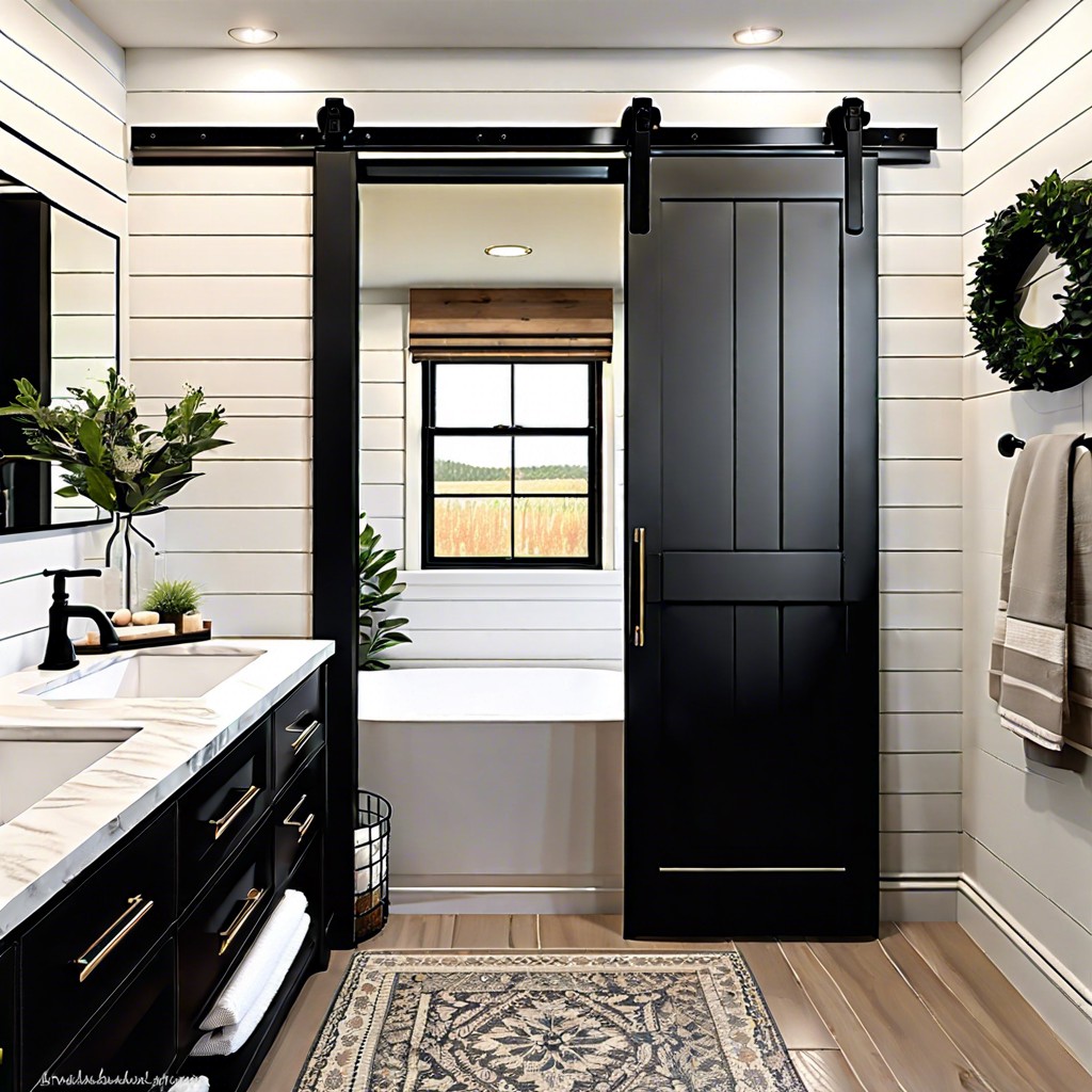 farmhouse style black cabinets with barn doors