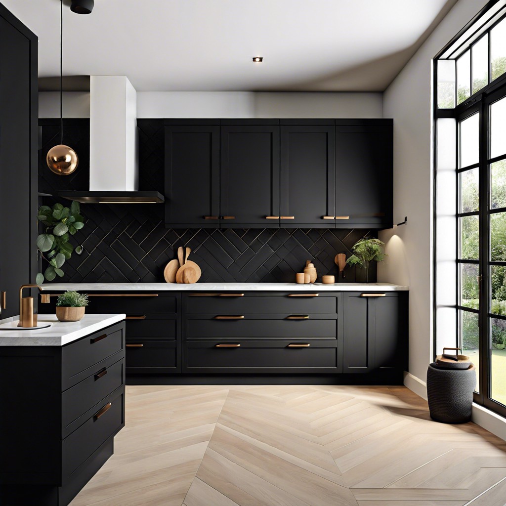 flat black cabinets with black geometric handles