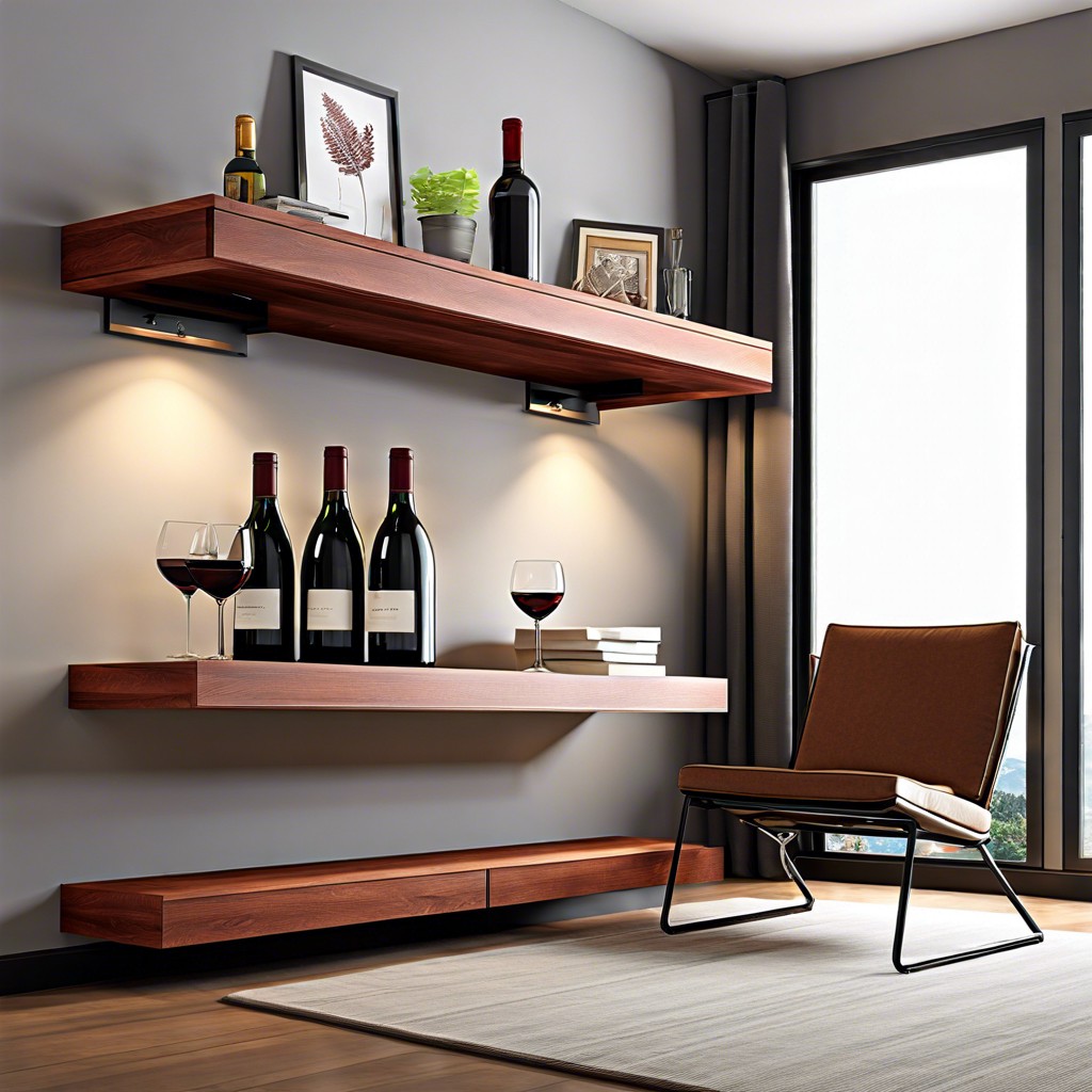 floating shelf wine cooler in a study or home office