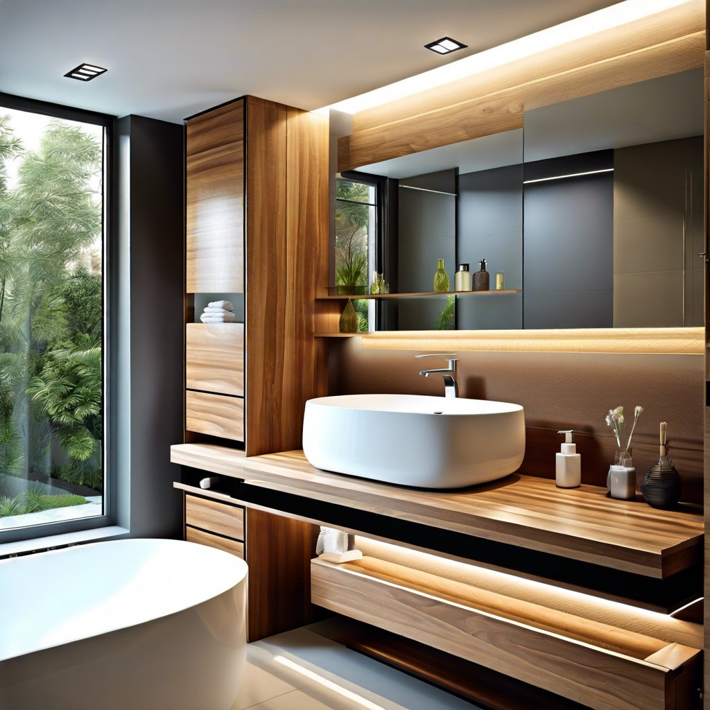 floating wooden cabinets with integrated lighting