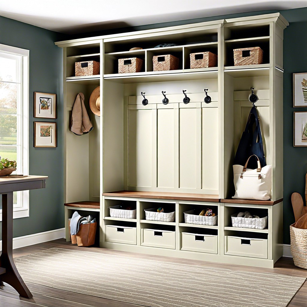 floor to ceiling cabinets with a combination of hooks shelves and bins