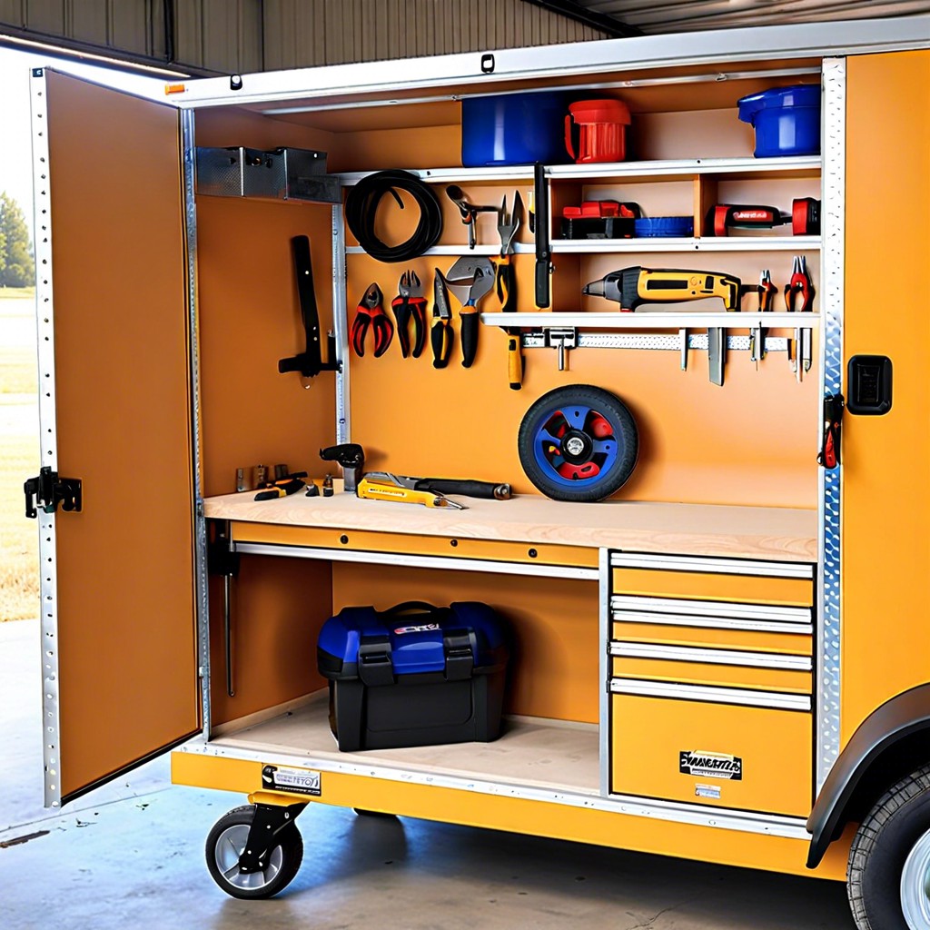 fold down workbench with integrated tool storage