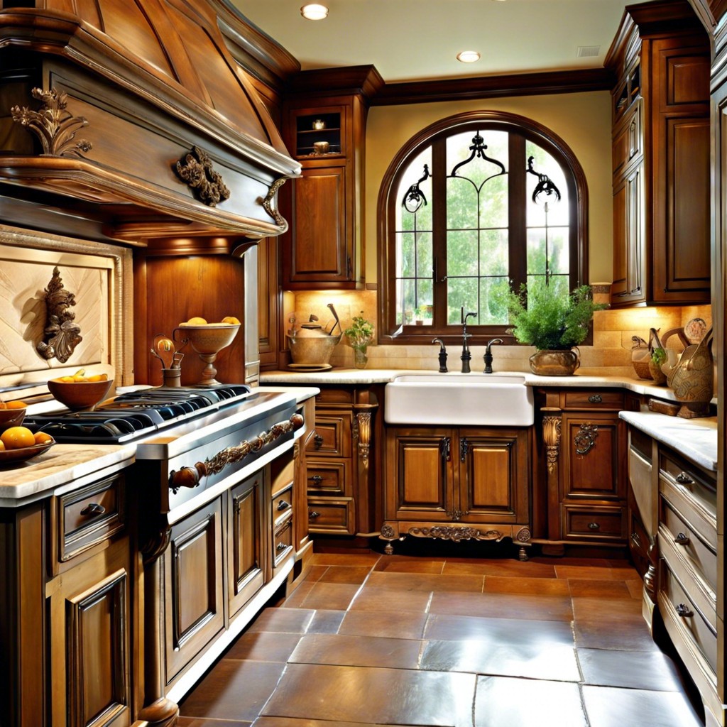 french country antique wood cabinets with ornate pulls