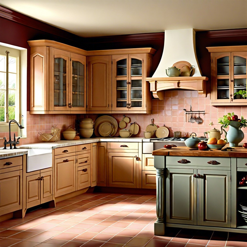 french country cherry cabinets accented with iron fixtures and a pastel backsplash