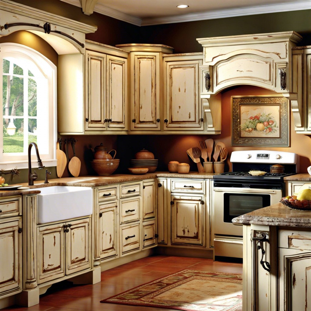 french country flair with distressed white cabinets and a dark oak butcher block