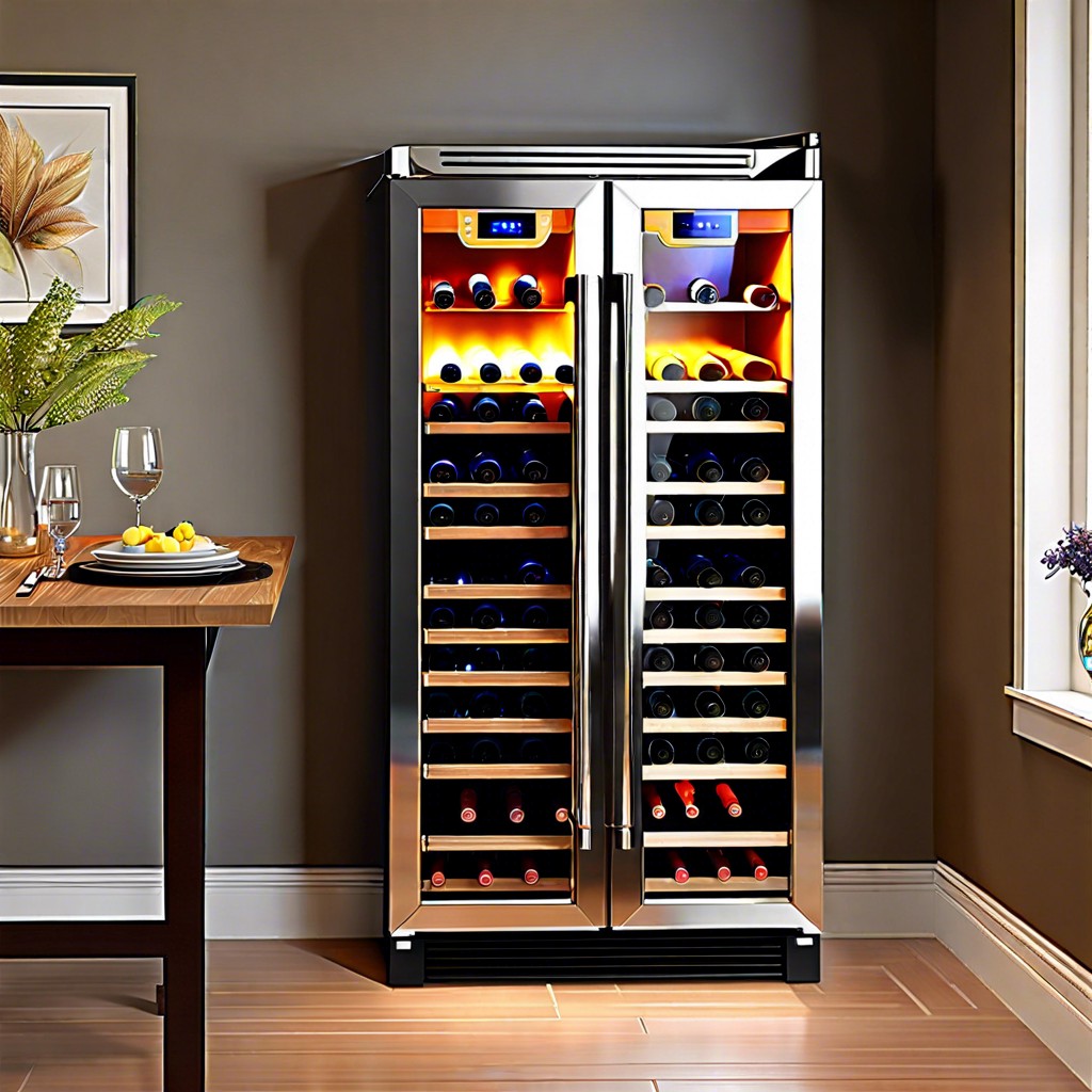 full length wine cooler in a dining room column