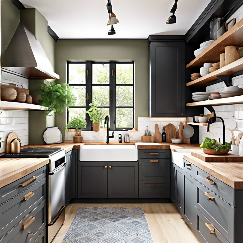 galley kitchen with corner sink and open shelving