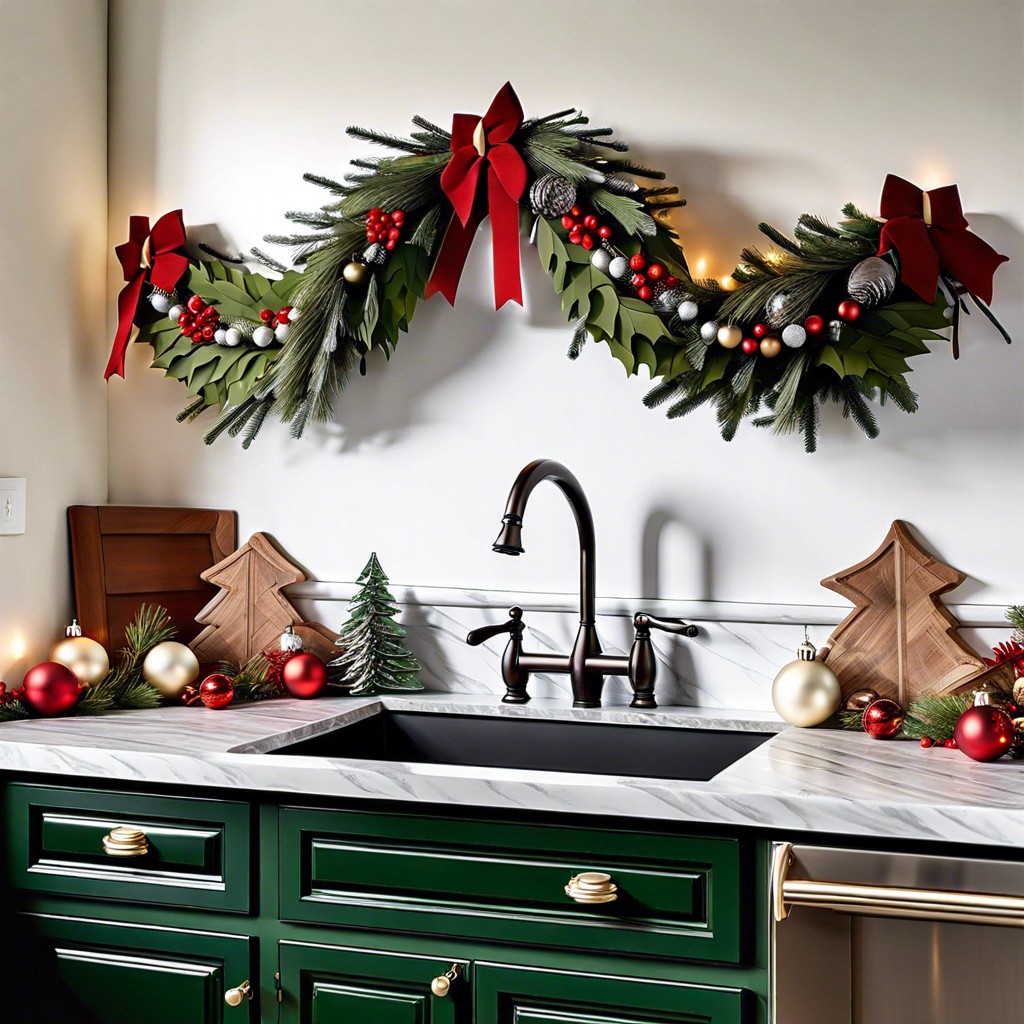 garland draped over cabinets