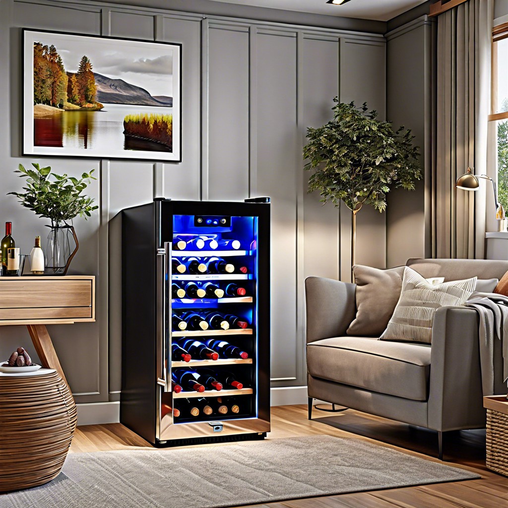 glass fronted wine cooler integrated into the living room wall