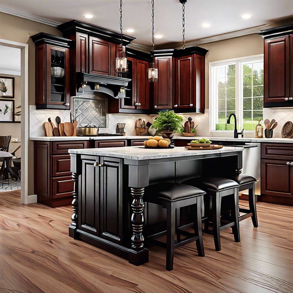 gleaming glamour cherry wood with glossy black countertops and mirrored backsplash