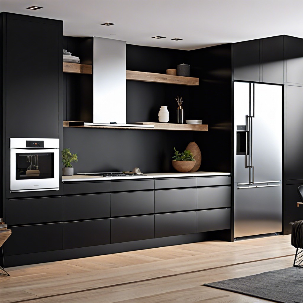 glossy black cabinets with matte flat handles