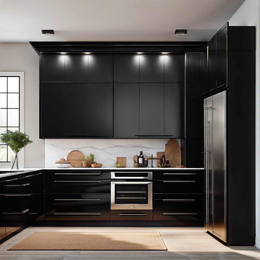 glossy black flat panel cabinets with matte black knobs