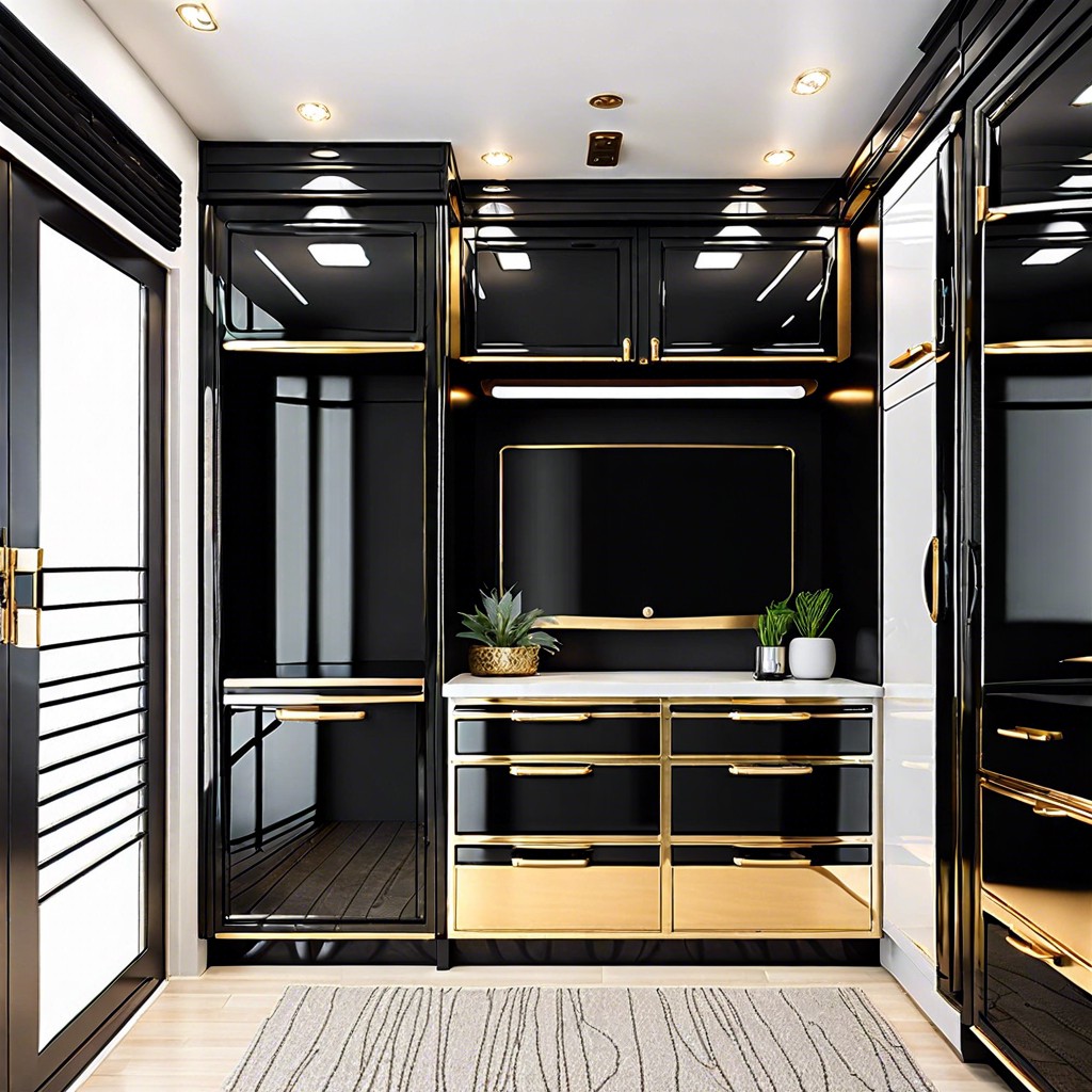 glossy black with gold hardware