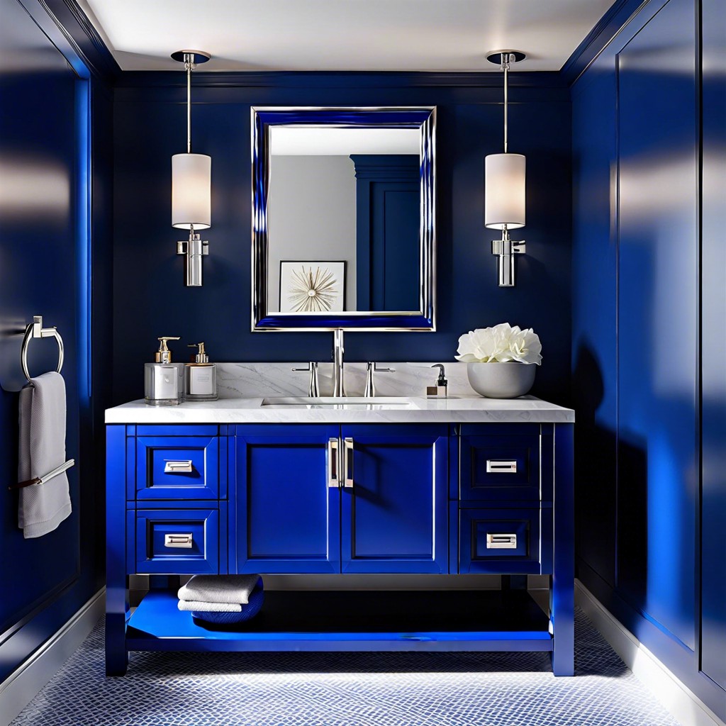 glossy cobalt blue vanity with silver fixtures