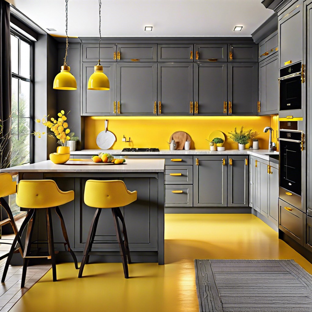 gray cabinets paired with bright yellow accents for a pop of color