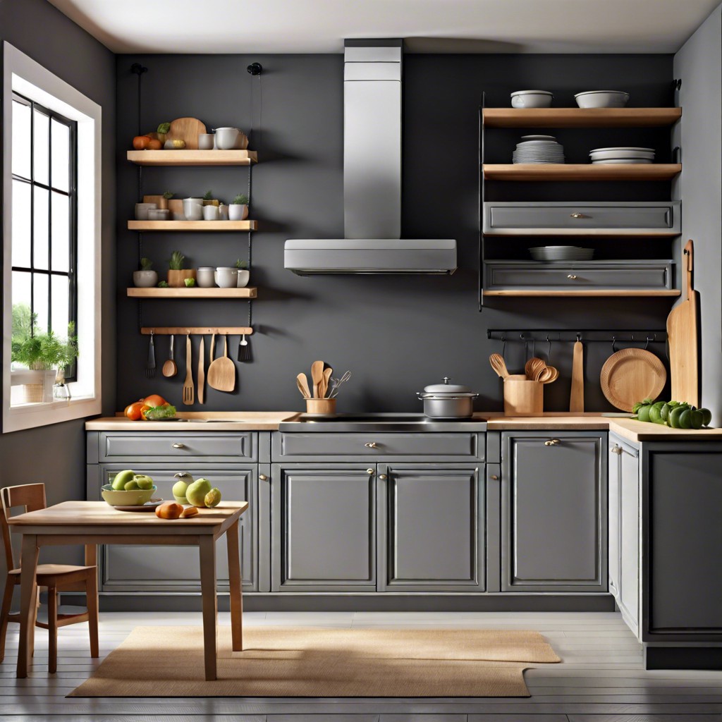 gray cabinets with a chalkboard paint wall