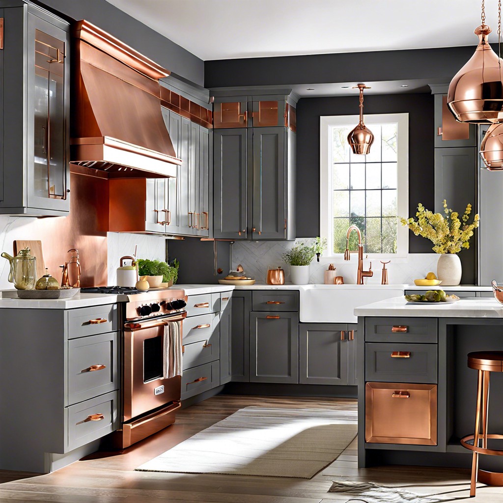 gray cabinets with copper accents and fixtures