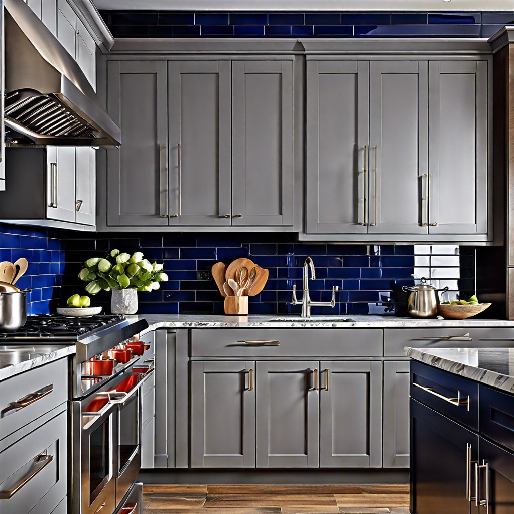 gray cabinets with deep blue backsplash tiles