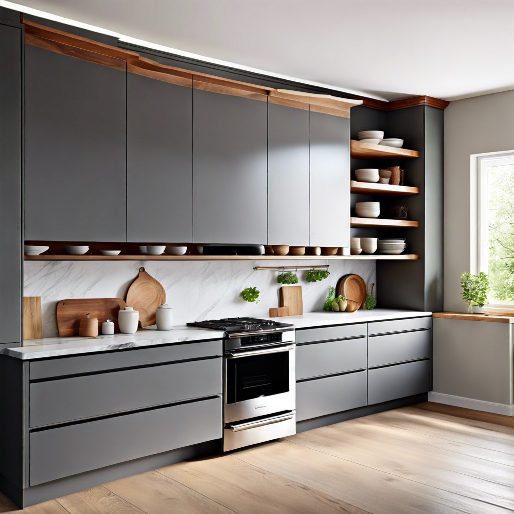gray lower cabinets with open wood shelving above for a warm contrast