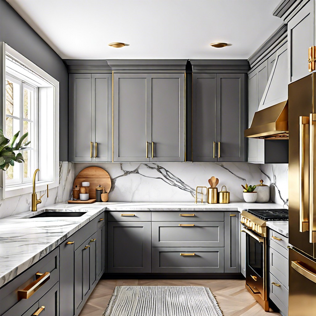 gray shaker cabinets with brass handles and white marble countertops