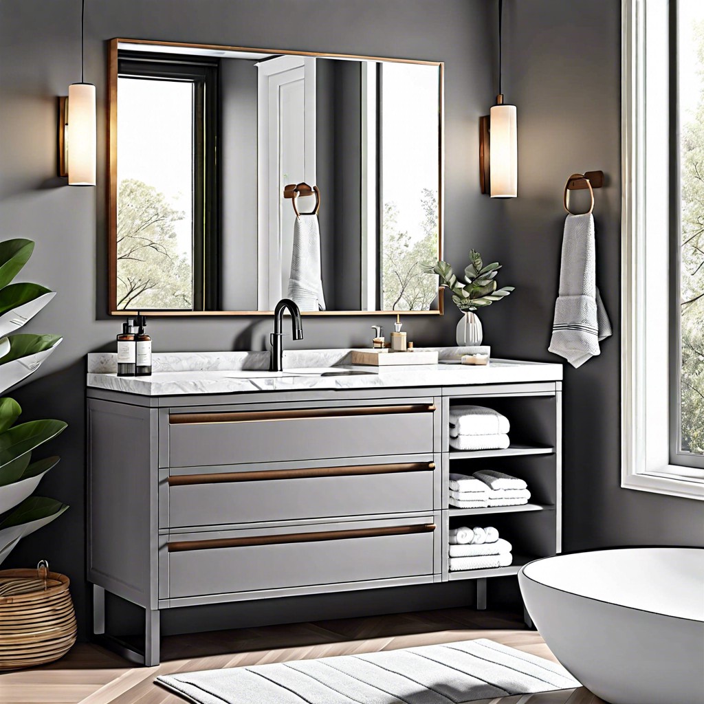 gray vanity with open shelving