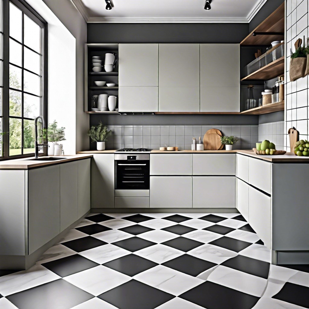 grey and white checkerboard floor