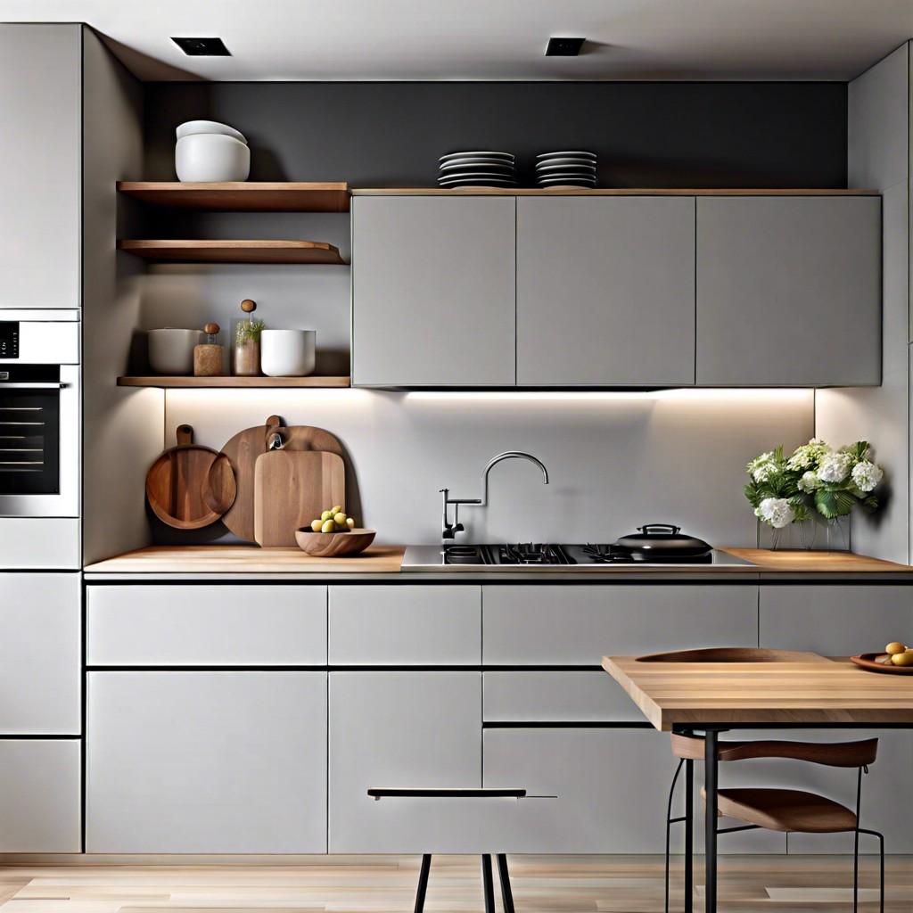 grey cabinetry with open wood shelves