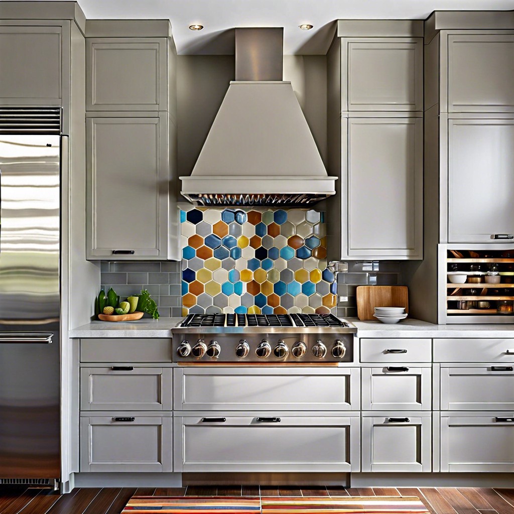 grey cabinets with colorful tile backsplash
