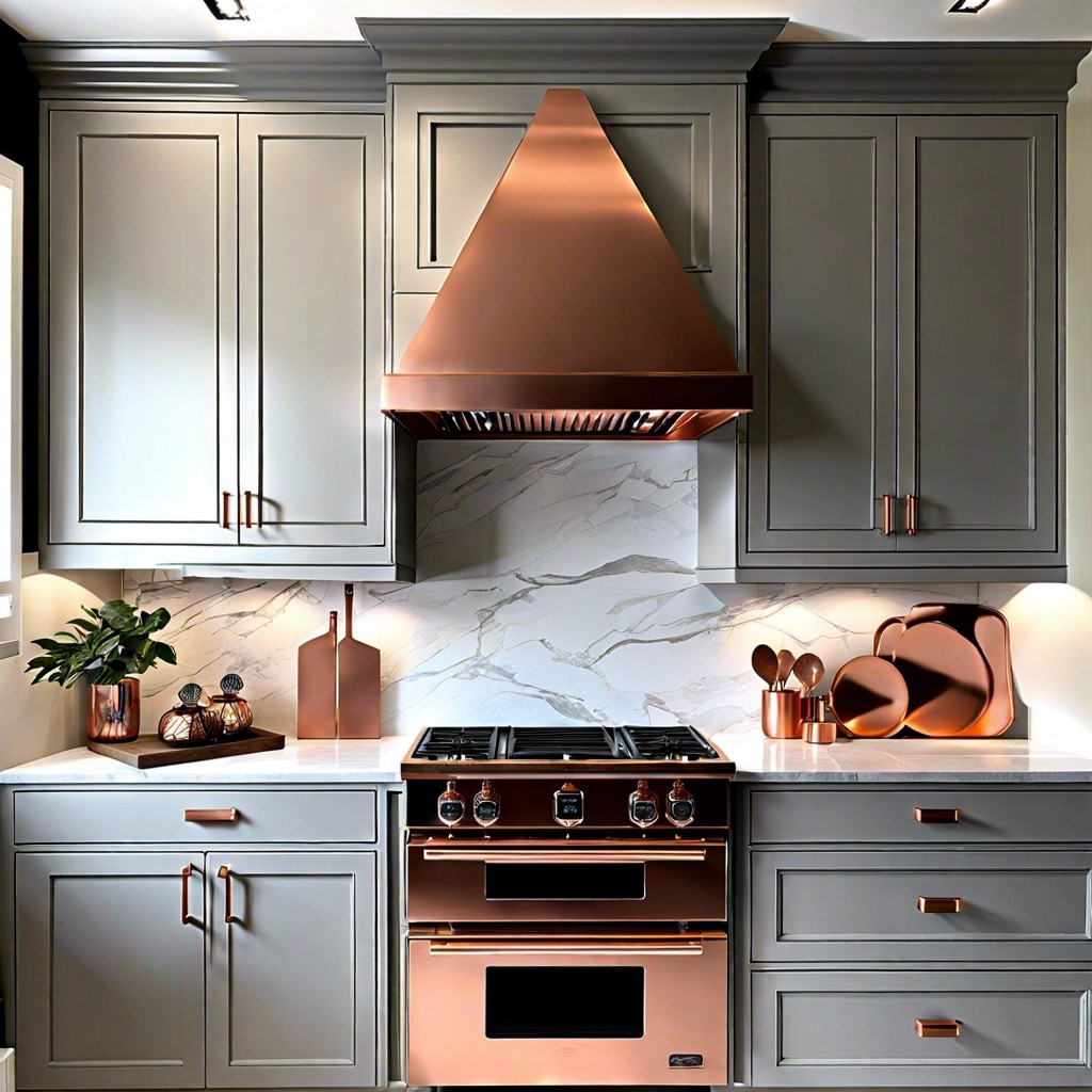 grey cabinets with copper fixtures