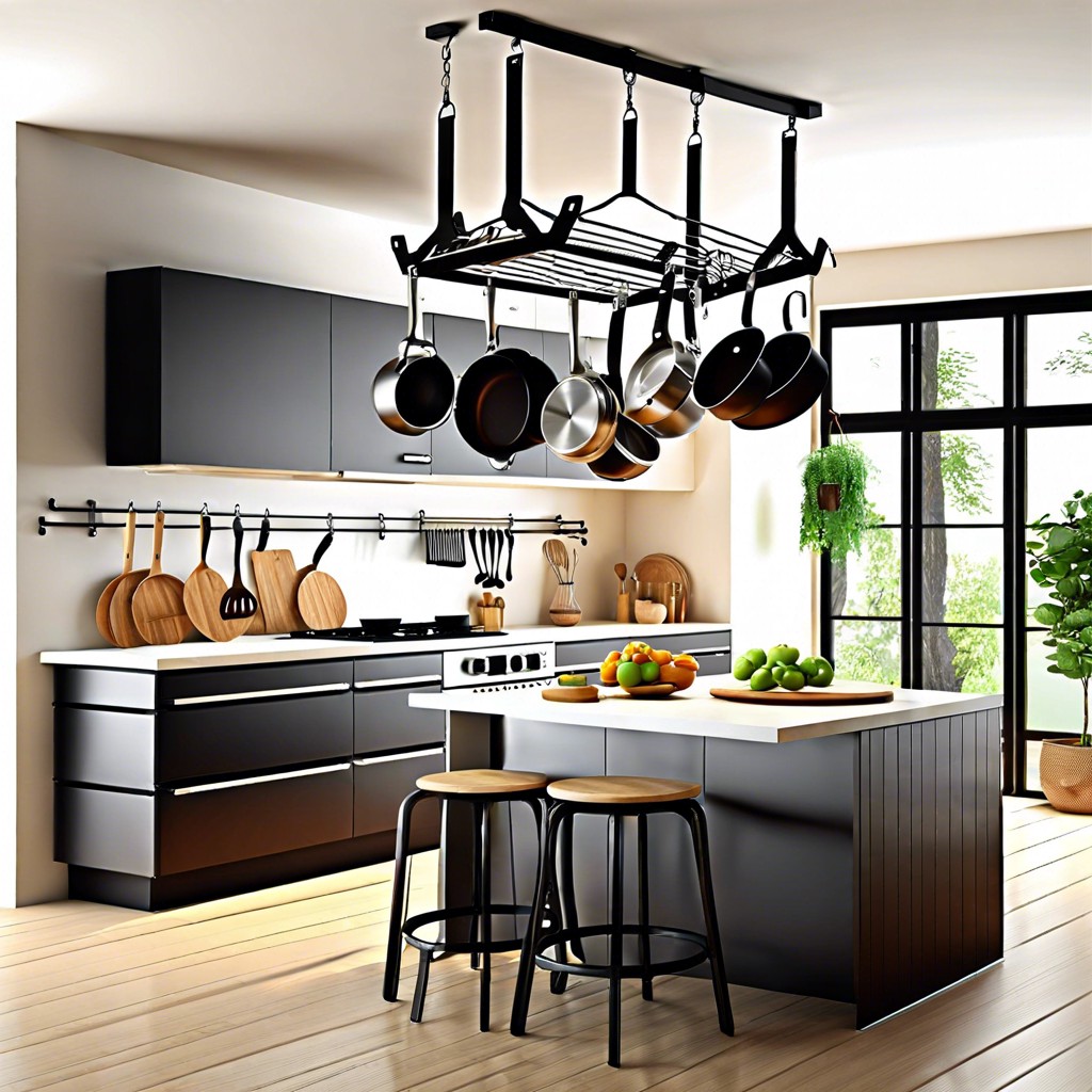 hanging pots and pans from ceiling rack