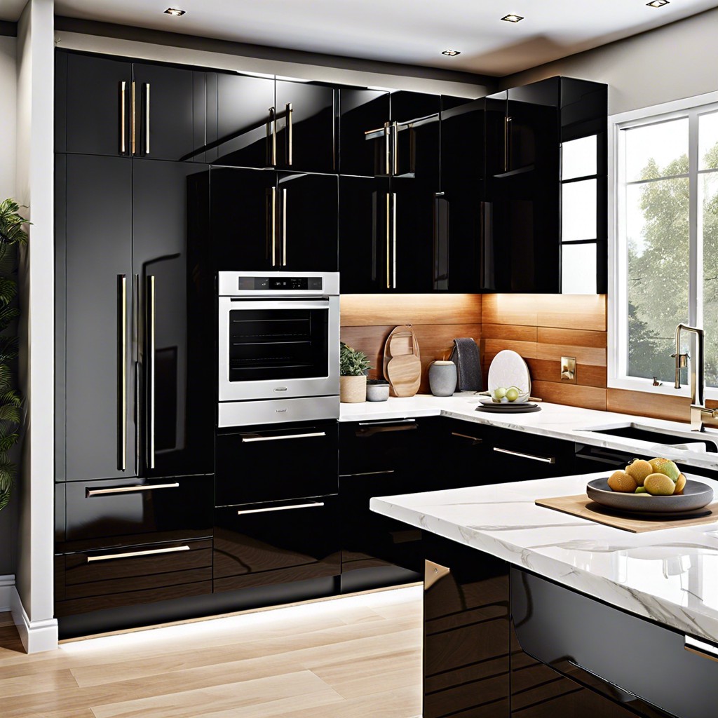 high gloss black cabinets with sleek black minimalist handles