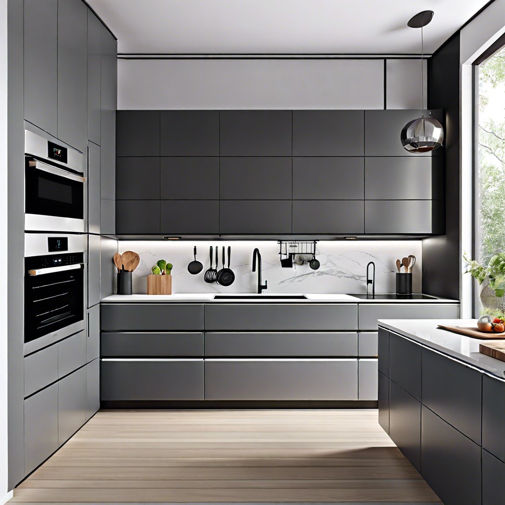 high tech kitchen with smart gray cabinets integrated with iot devices