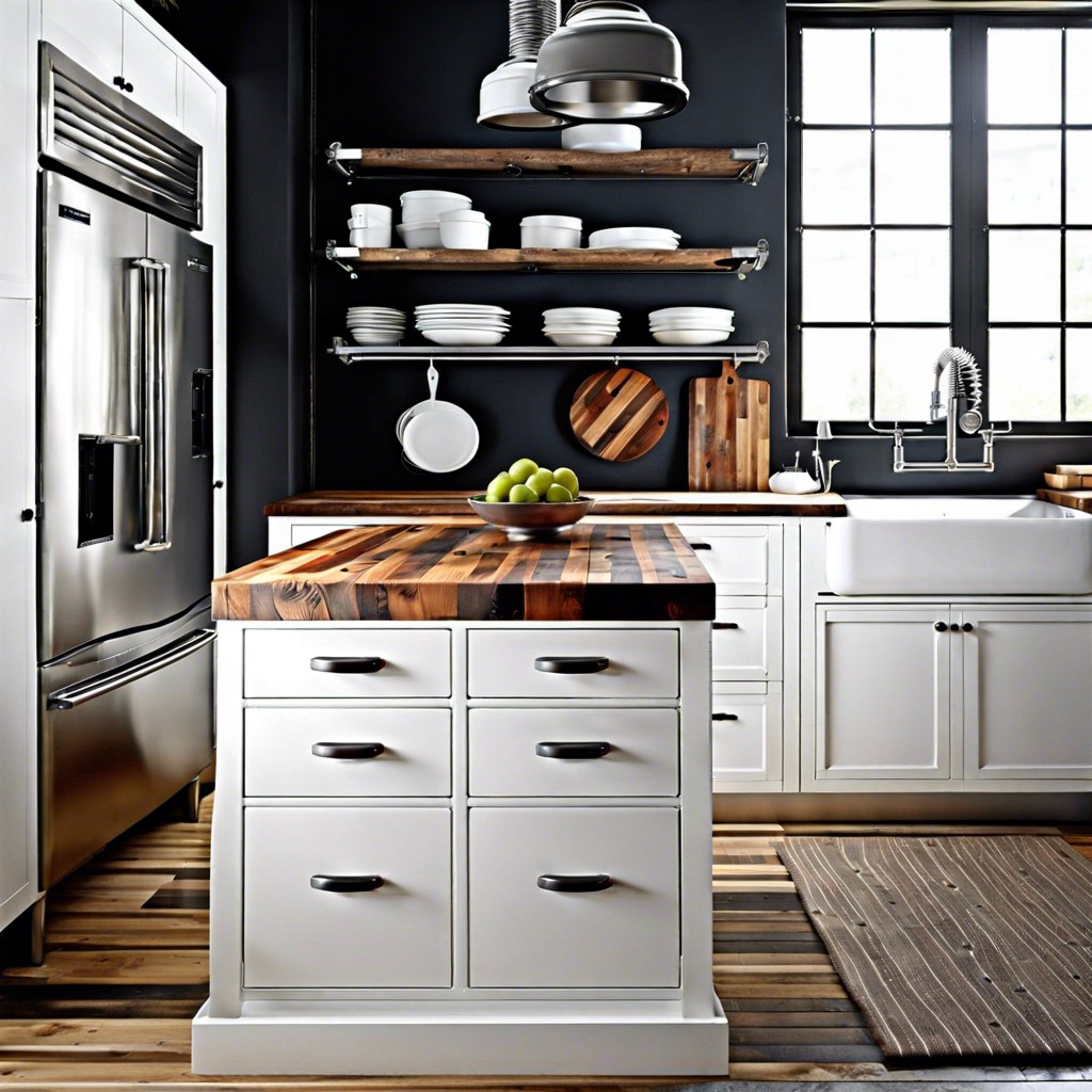 industrial chic with white metal cabinets and a reclaimed wood butcher block