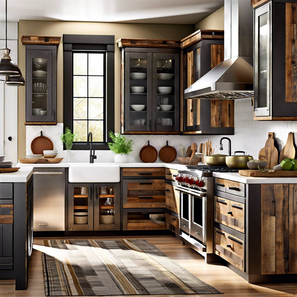 industrial edge reclaimed wood cabinets with metal accents