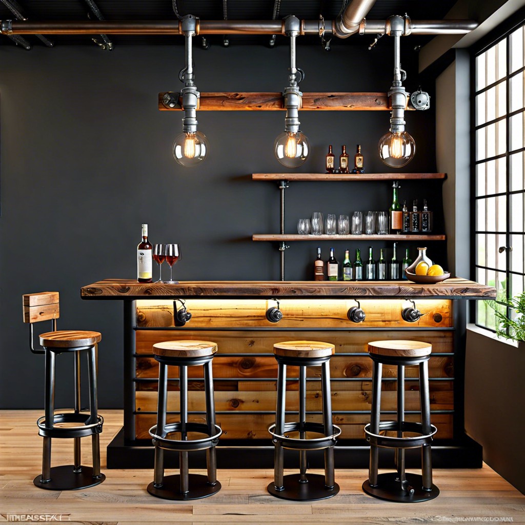 industrial pipe and reclaimed wood bar