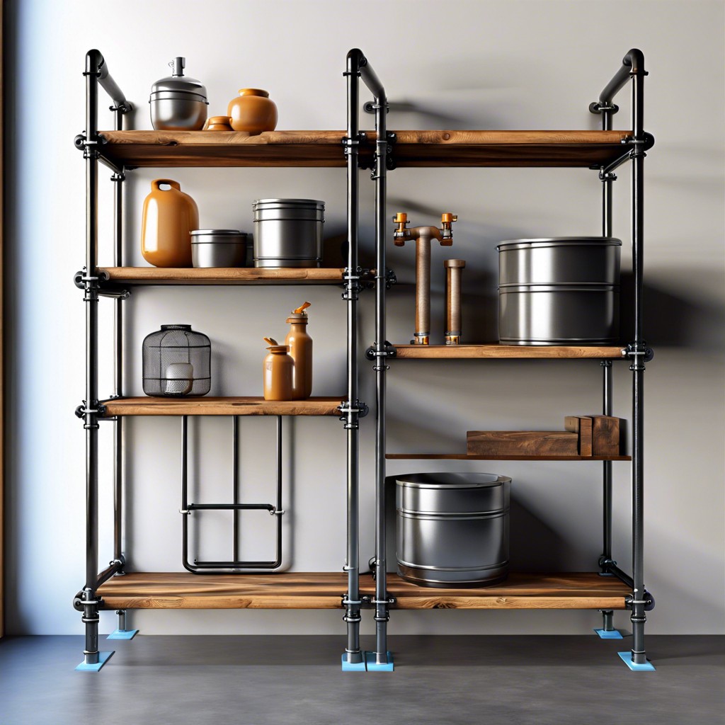industrial pipe and wood shelf cabinets