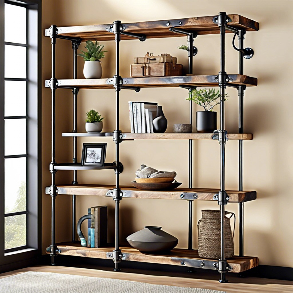 industrial pipe shelving with rustic wood