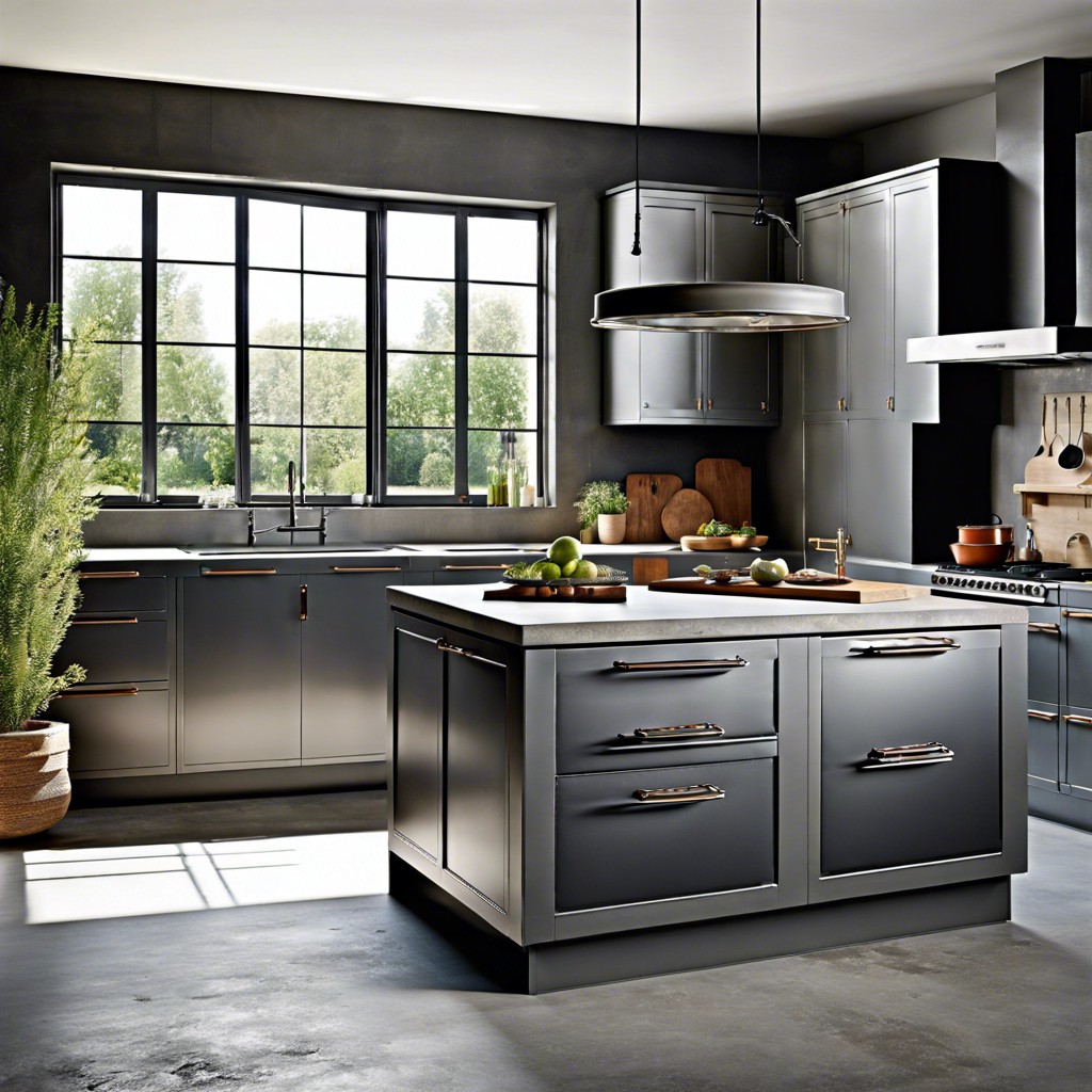 industrial style kitchen with steel gray cabinets and concrete flooring