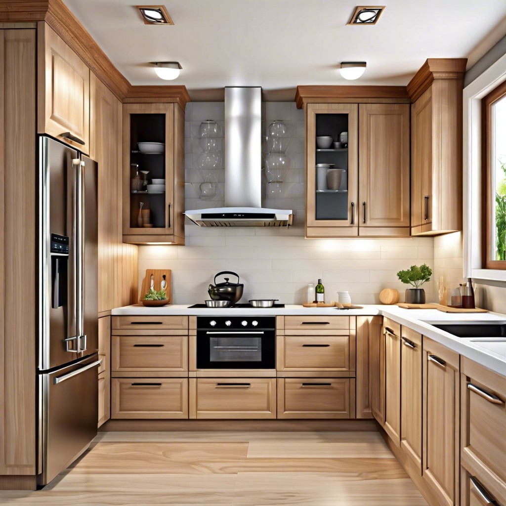 light ash wood cabinets with matte black accents