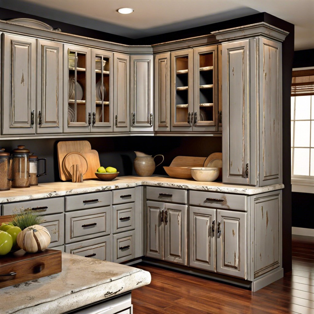 light gray cabinets with a distressed finish