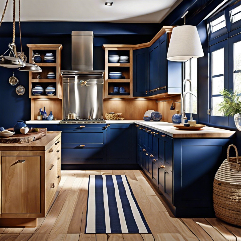 light wood cabinets paired with deep blue to enhance a nautical theme