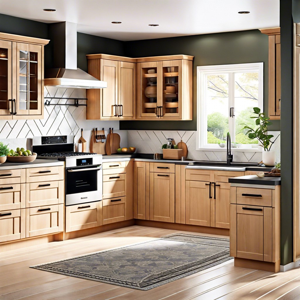 light wood cabinets with glass panel doors