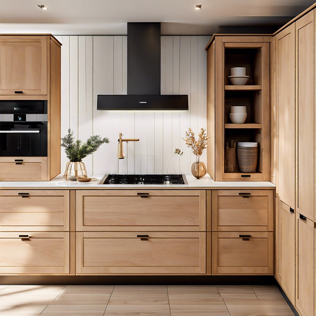 light wood cabinets with hidden push to open hardware for a clean look