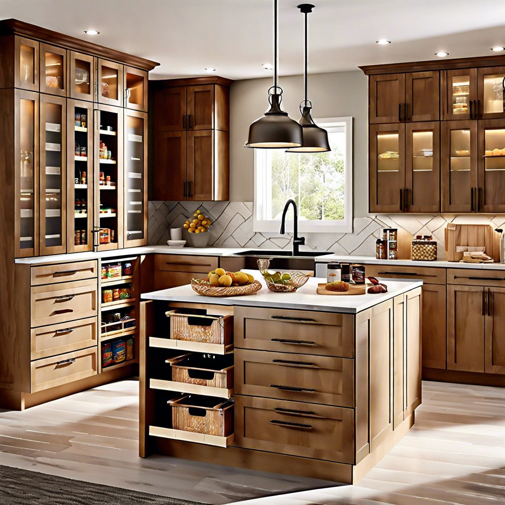 light wood pantry cabinets with pull out drawers for organization