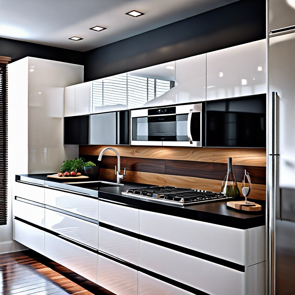 luxe modern kitchen with high gloss white cabinets and a dark stained butcher block